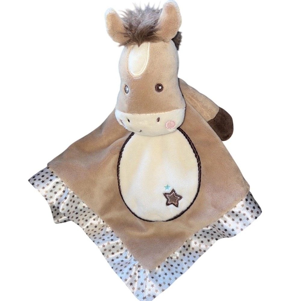 Douglas Baby Horse Pony Lovey Security Blanket Tan Minky Satin Star Trim Plush